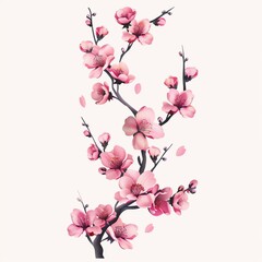 Fototapeta premium A delicate cherry blossom branch, adorned with pink flowers in full bloom, stretches diagonally across a stark white background, showcasing intricate details and vibrant colors.