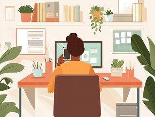 A woman engaged in a phone conversation while working at her desk, surrounded by plants and organized office supplies, with a calming and productive workspace atmosphere