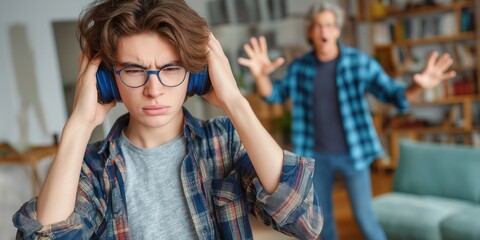 Angry annoyed teenager wearing headphones with their parent shouting in the background. Irritated displeased teen in a living room. Parent-child relationships, parenting issues.