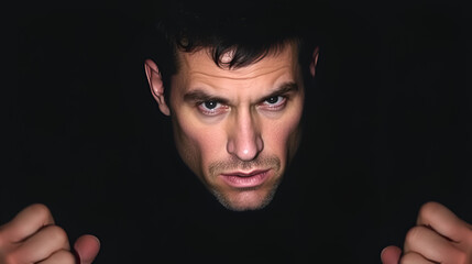 Fototapeta premium A man with short dark hair and a striking expression emerges from darkness. The background is black, adding to the dramatic effect.
