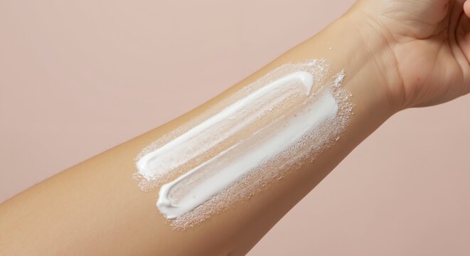 White skincare product swatches on woman's arm against pink background. Beauty product texture and cream consistency. Cosmetic testing and skincare application. Dermatological product demonstration