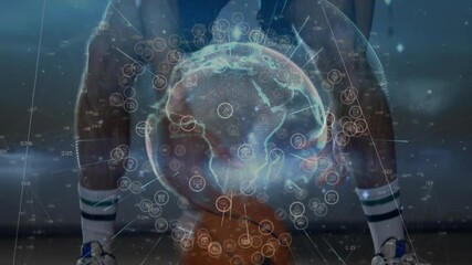 male basketball player holding ball on court showing technology with hologram, network icons, data - Powered by Adobe