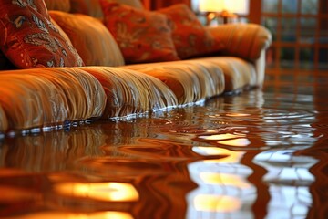 Obraz premium A cozy living room sofa partially submerged in water, indicating indoor flooding and water damage.
