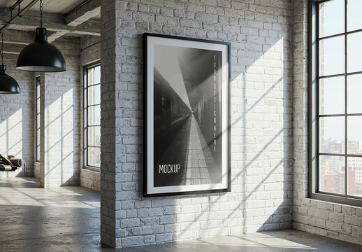 Vertical Poster Frame Mockup in Industrial Loft with White Brick Wall and Window Light