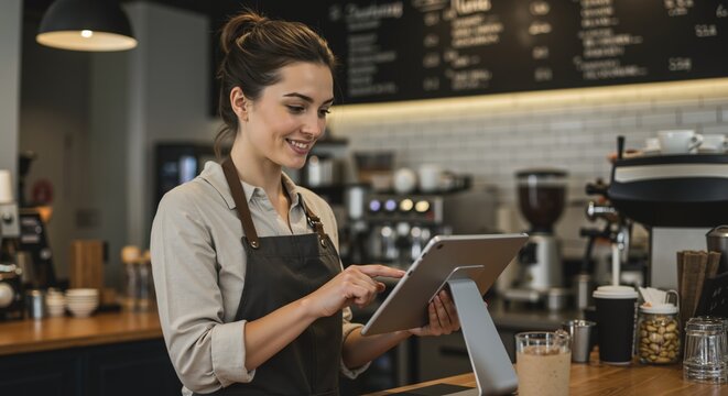 Female barista using tablet at cafe counter. Small business management and digital technology concept. Coffee shop operations and inventory control. Modern hospitality and cafe administration