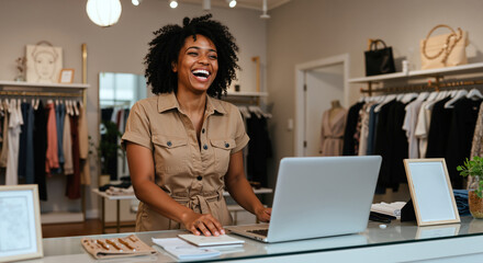 woman with natural curly hair laughing behind laptop in clothing boutique. Small business ownership and retail entrepreneurship. Fashion commerce and customer service. Digital management and store