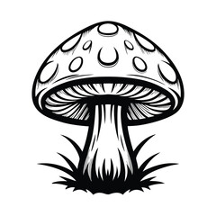 Monochrome Mushroom with Circle Spots and Grass Blades Line Art on White Space