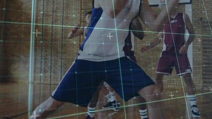 Opposing players dribbling on basketball court, highlighting green grid overlay analytics data - Powered by Adobe