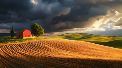 A rustic farm with a red barn and cultivated fields under dramatic skies