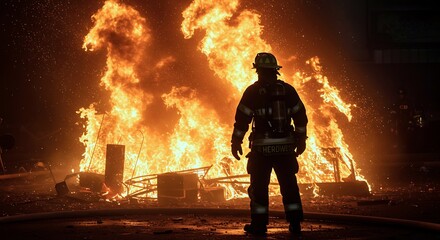 A brave firefighter stands resiliently in front of a towering inferno, illuminated by the fiery glow as sparks fly through the night air