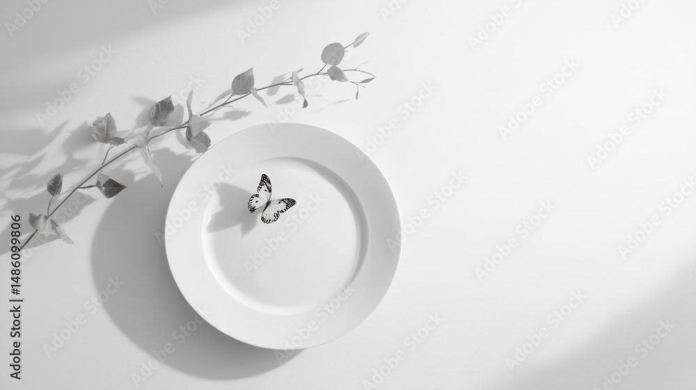 Aufkleber minimalist monochrome photo of a butterfly on a plate with eucalyptus branch.