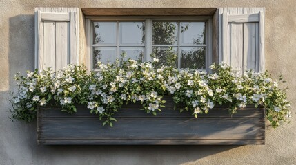 Naklejka premium Creamy flowers in a rustic wooden window box
