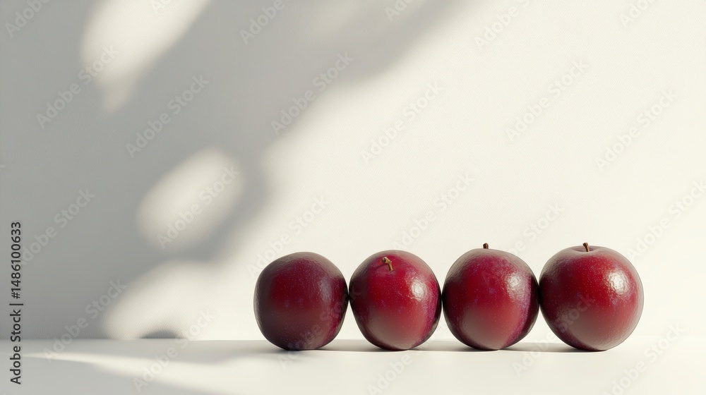 Poster four ripe plums arranged in a row against a minimalist white background with leaf shadows.