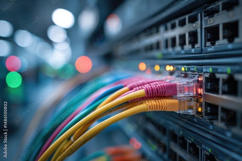 Poster a close-up of colorful ethernet cables connected to a network switch, showcasing data transmission i