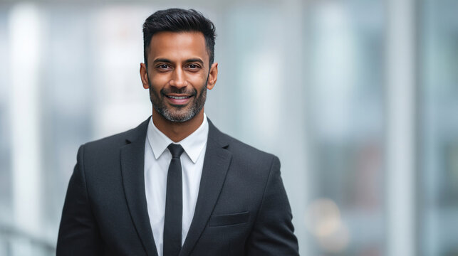 Confident Businessman: A portrait of a poised professional man dressed in a tailored suit, his friendly smile radiating confidence against a blurred, modern architectural background.