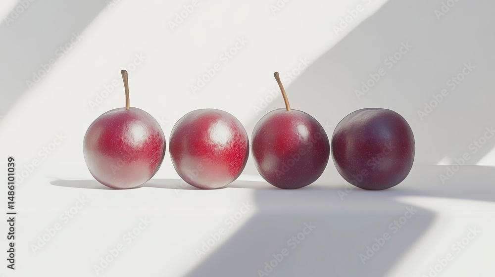 Poster four ripe plums arranged in a row against a bright white background, illuminated by sunlight creatin