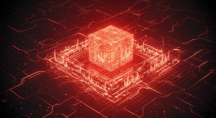 Glowing Red Cube on Circuit Board