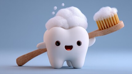 Happy tooth character holding toothbrush with foam