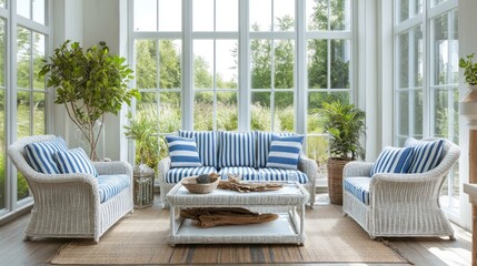 White wicker patio set with blue accents
