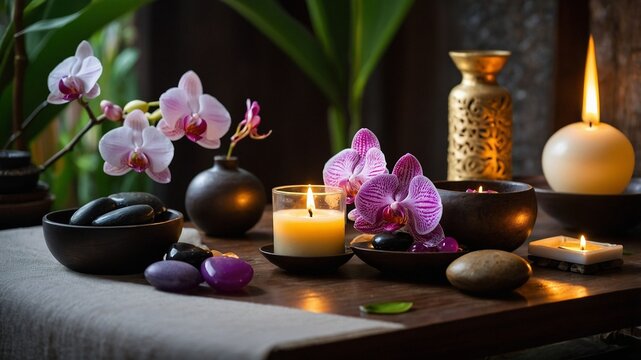 Pink Orchid with Spa Candles and Zen Stones with a brown background