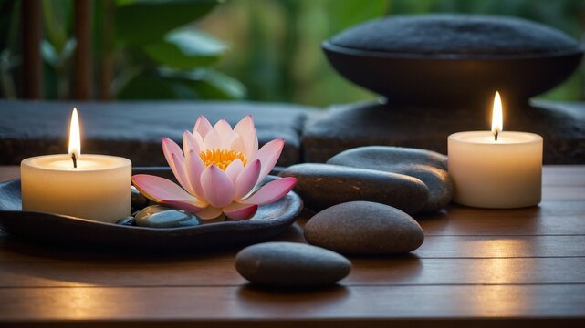 Realistic Photo of a Spa Room with flickering candles and black stones and a lotus flower. Brown background