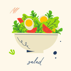Fresh salad illustration with leafy greens, tomatoes, and boiled eggs in a bowl. Ideal for food packaging, healthy eating blogs, and nutrition designs