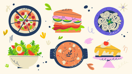 Set of prepared dishes, including pizza, sandwich, pasta, salad, soup, and cake. Ideal for recipe blogs, restaurant menus, and food packaging