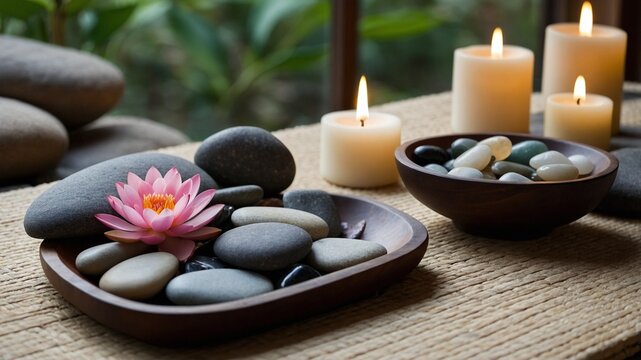 Realistic Photo of a Spa Room with flickering candles and black stones and a lotus flower. Brown background