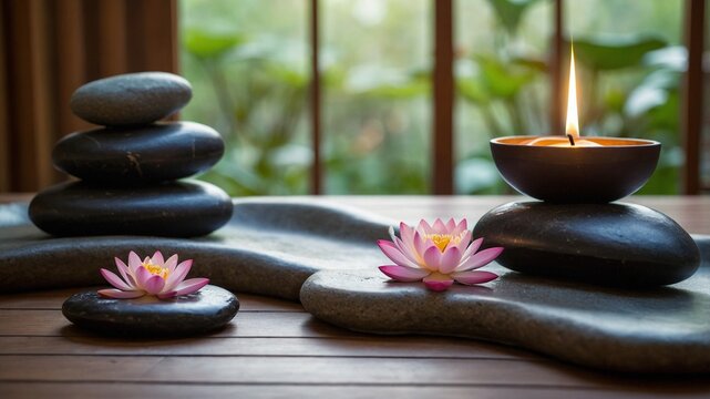 Realistic Photo of a Spa Room with flickering candles and black stones and a lotus flower. Brown background