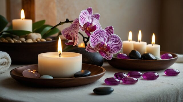 Pink Orchid with Spa Candles and Zen Stones with a brown background