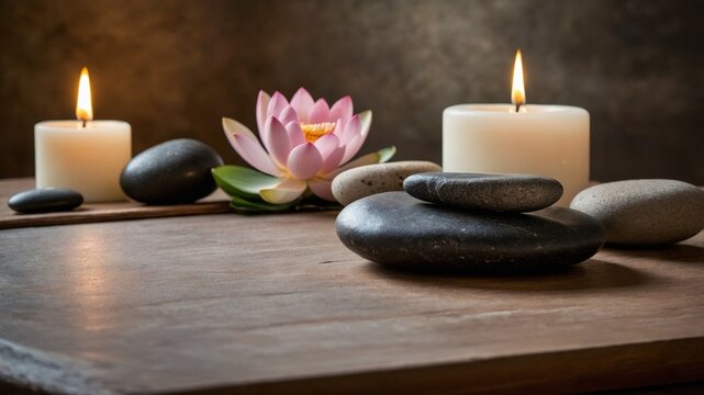 Realistic Photo of a Spa Room with flickering candles and black stones and a lotus flower. Brown background