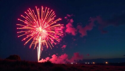 Vibrant fireworks explode in a night sky, creating fiery, colorful bursts of light , spectacle, festive, show