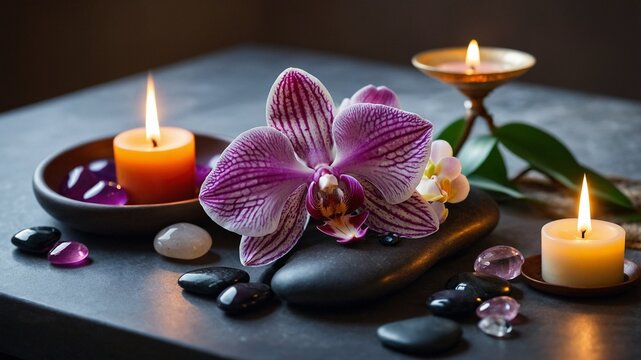 Pink Orchid with Spa Candles and Zen Stones with a brown background