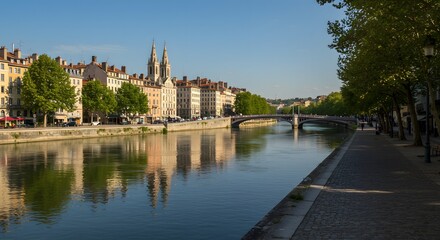 Obraz premium Cityscape View Along River with Building Reflections Under Clear Sky