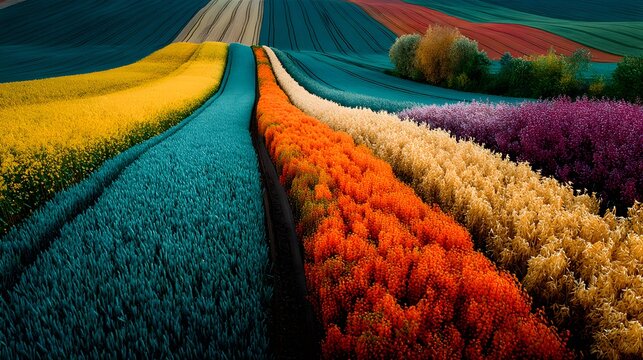 Buntes Blumenfeld in Streifen &ndash; Farbpracht der Natur in geometrischer Anordnung
