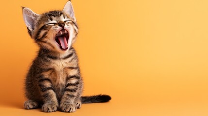 Yawning kitten on orange background