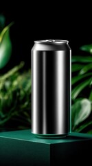 Fototapeta premium Sleek metallic beverage can against green plant background