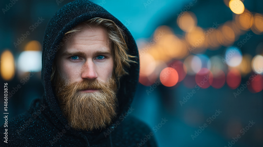 Poster a man with a beard and a hoodie is standing in front of a blurry background. the image has a moody a