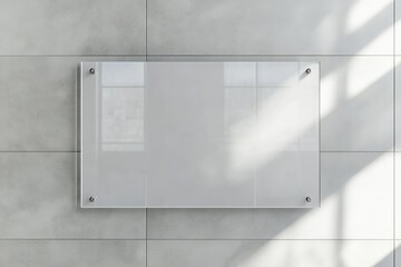 3D rendering of a glass sign on a wall mockup. A blank, transparent plate with square