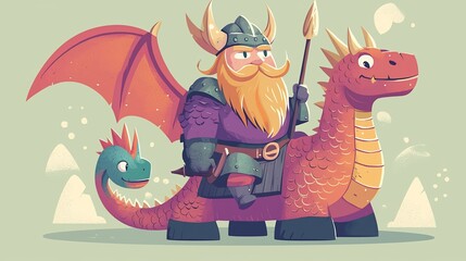 Fototapeta premium Viking on Dragon, Cartoon Fantasy