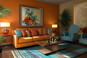 Vibrant Orange and Teal Living Room Interior Design