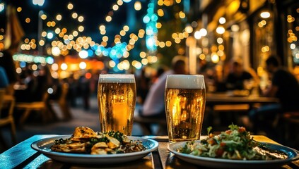 Nightlife Delight: Two Pints of Beer and Appetizers on a Cozy Table