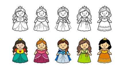 Cute princess characters in fancy dress collection, kawaii princess dress-up illustration set, line art and color version.