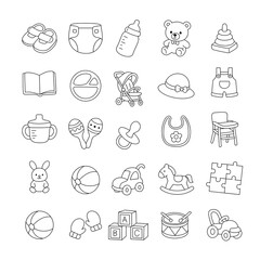 Baby essentials and toy icon set, outline collection featuring baby care items, simple hand drawn, black and white themed line icons