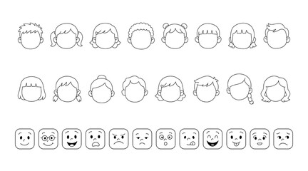 Kid face templates and cartoon emotions set, mix and match cartoon character faces and feelings, simple doodle line art style.