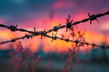 Barbed wire fence with vibrant sunset sky and small blooms creating a juxtaposition of restriction and natural scenery