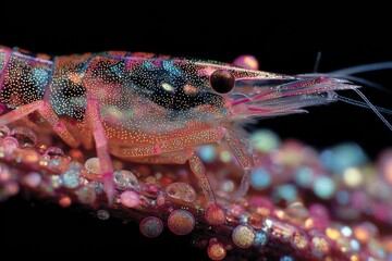 Detailed macro view showcasing a colorful shrimp with patterned texture sitting upon a vibrant algae branch against dark backdrop