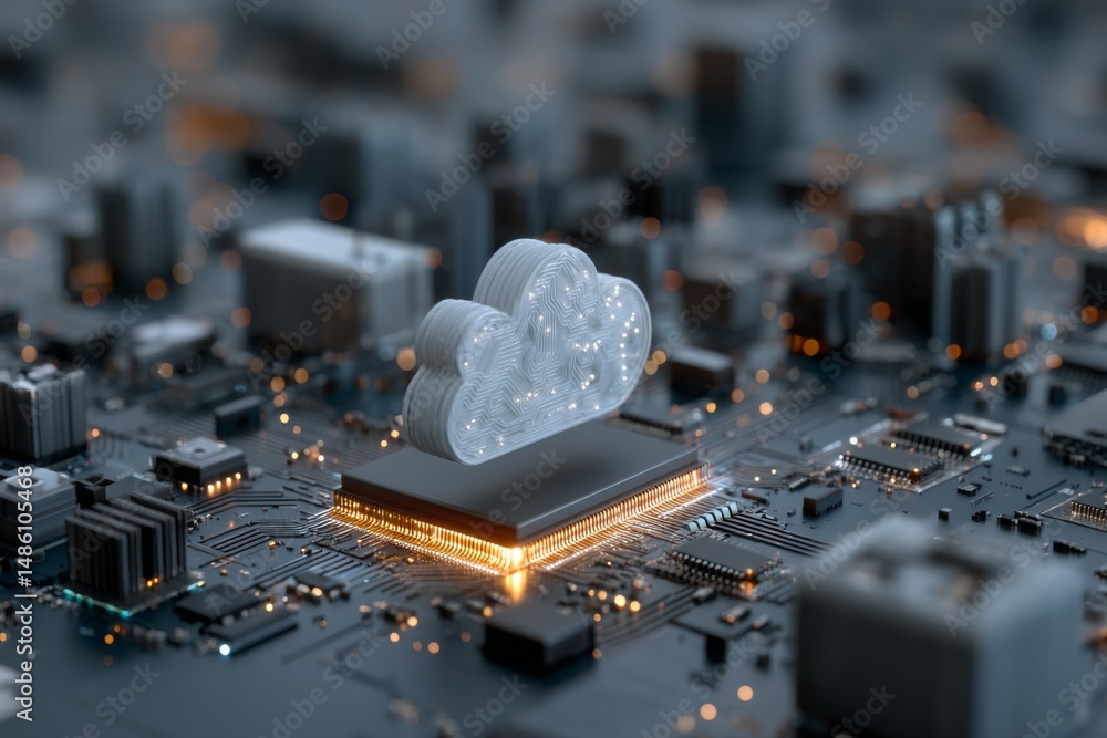 Poster cloud computing server processor unit on a motherboard, reflecting data flow and internet connectivi