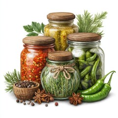 Glass Jars of Pickled Peppers and Cucumbers with Spices