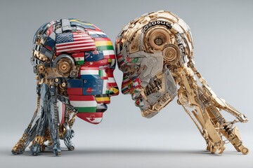 Robotic Heads Covered with International Flags Face Each Other, Metallic Texture, Concept of Global Connection, Futuristic Look